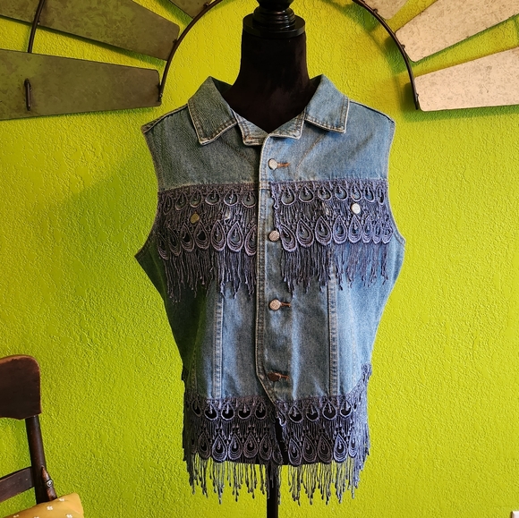 RSVP Dallas Texas Jackets & Blazers - Vintage R.S.V.P. Dallas Texas Denim Fringe Vest Size XL